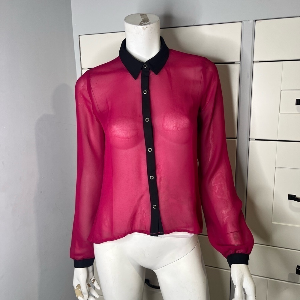 Have. Semi sheer. Fuchsia blouse. Full button up. Collard. Small.